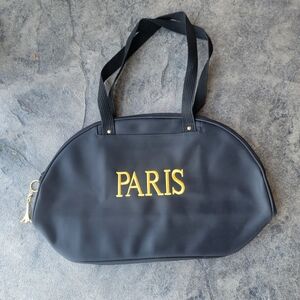 PARIS Black and Gold Zippered Tote Bag with Gold Eiffel Tower Keychain Pull NWOT